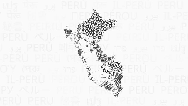Peru intro animation. Country with regions illustration video. Background with country names in various languages. Regions of Peru animation. Elegant video.