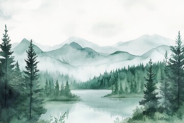 Fototapeta premium Watercolor landscape of misty mountains, lake, and evergreen trees. Use for cards, invitations, prints, or digital backgrounds.