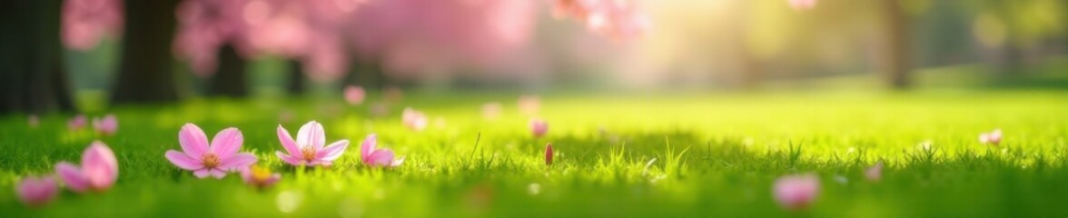 Soft pink sakura petals gently falling on a serene green grass, spring season, soft, blossom