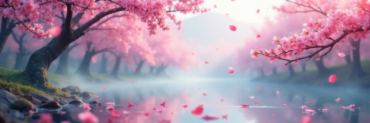 Soft pink sakura petals fall gently on a misty landscape, ephemeral, blooming, gentle
