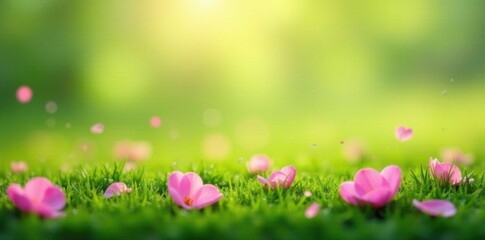 Soft pink petals scattered on a serene green grass background with abstract spring flowers, floral, garden
