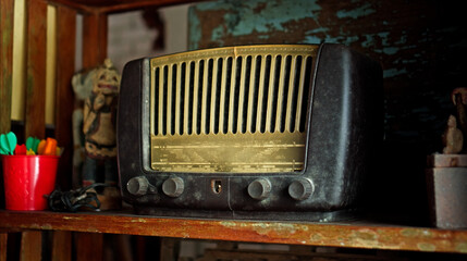 An antique radio with analog controls sits on a wooden shelf