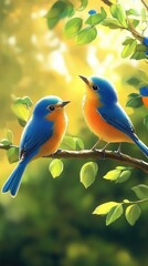 Obraz premium Two Bluebirds Perched on a Branch in a Sunny Forest