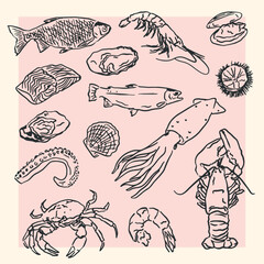 doodle style illustration of seafood
