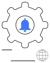 Gear with blue notification bell, globe, and simple lines conveys global alert systems, notifications, customization, automation, and process optimization. Ideal for technology, communication
