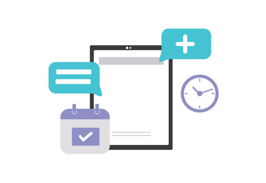 Vector illustration of a digital healthcare and online appointment concept. The image features a tablet with icons representing telemedicine services