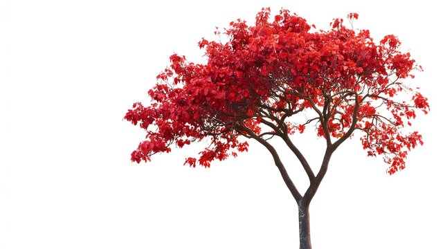 Vibrant red maple tree stands against a stark white background
