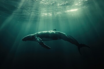 Fototapeta premium Humpback whale swims beneath the surface with sun rays, tranquil ocean. Use for conservation projects, marine life presentations, or travel blogs.
