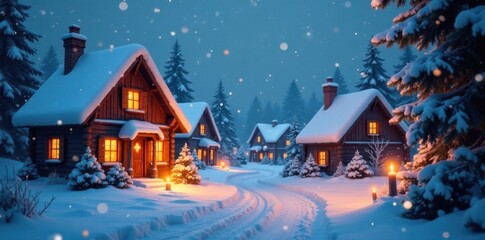 Snow-covered village scene with festive houses and candles, village, winter wonderland