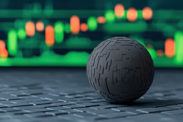 A 3D black sphere rests on a textured surface, with a backdrop of colorful financial graphs indicating data trends and analysis.