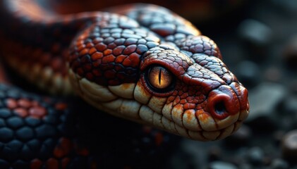Fototapeta premium Snake's head with piercing gaze through narrow slit eyes, closeup, wildlife