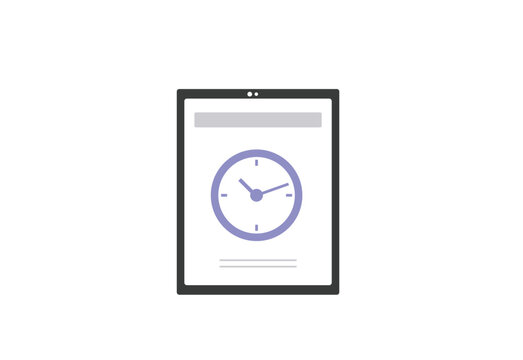 Vector illustration of a tablet displaying a clock, symbolizing time management, online scheduling, and digital productivity. This image represents concepts such as appointment booking, time tracking