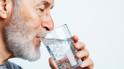 Older man with white beard and mustache drinking sparkling water from a clear glass
