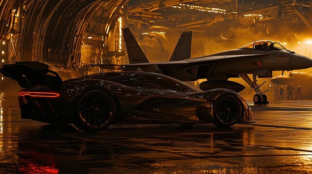 Sleek black sports car parked beside a fighter jet inside a hangar.