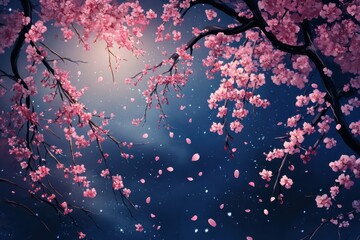 Pink cherry blossoms in the night sky with petals falling gently down. Use for spring designs, backgrounds, or romantic themed compositions.