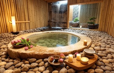 A Tranquil Zen Spa Retreat with a Stone Soaking Tub, Bamboo Accents, and a Koi Pond for Ultimate Relaxation and Mindfulness