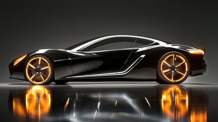 Sleek black sports coupe with illuminated rims, reflecting on a dark surface.