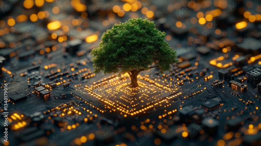 Poster tree growing on microchip with glowing circuitry, technology and nature concept