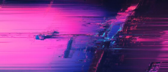Digital glitch effect with purple, pink, and blue tones, creating a modern, high-tech aesthetic.