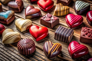 Obraz premium Gourmet Heart-Shaped Chocolates Close-up on Rustic Wood