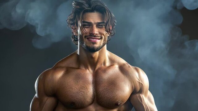 Muscular Man with Long Hair Posing Confidently Against Dark Background with Smoke Effects