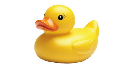 A yellow rubber duck with a pink nose and black eyes sits on a white background