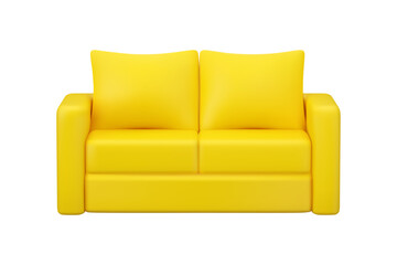 Yellow sofa vector 3d icon. Cartoon couch with pillows, modern interior render. Furniture front view illustration isolated on white background
