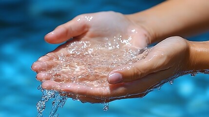 Fototapeta premium Hands cupping fresh, clear water, dripping.