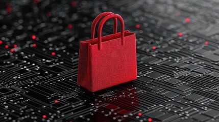 A striking red handbag sits atop a dark, intricate circuit board design, blending fashion with technology in a visually captivating composition.