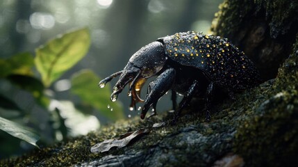 Obraz premium Close-Up of a Colorful Beetle with Dew Drops on its Body in a Lush Green Forest Environment