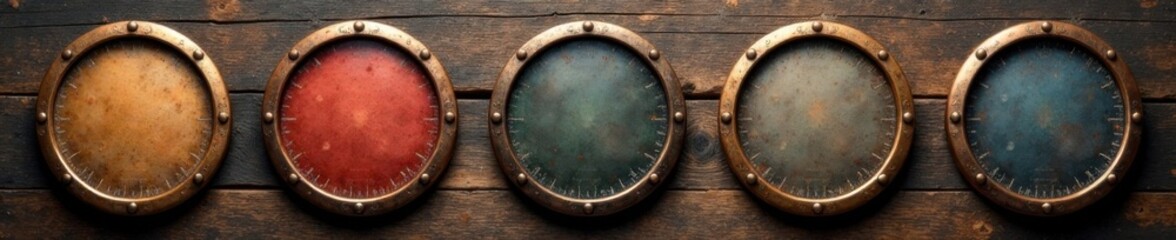 Round circular pin badges with metal frames made of copper or brass on wooden or fabric backgrounds , metal, wooden background, brass