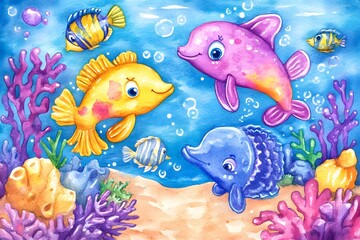 Fototapeta premium Cute Watercolor Ocean Scene Dolphins Fish Coral Reef