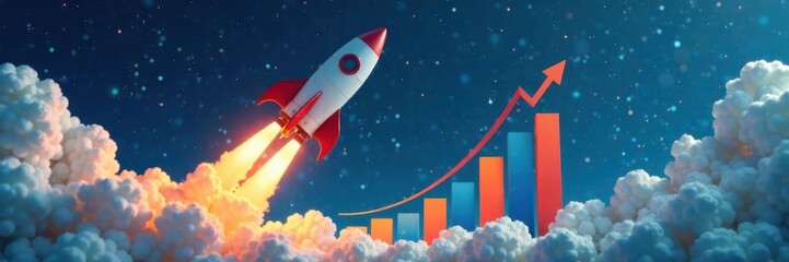 Rocket blasting off with chart on blue background, rocket, startup
