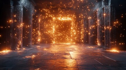 Interior scene with pillars and glowing portal of light