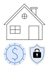 House outline above a coin and shield with lock symbolizing homeownership, financial security, and property insurance. Ideal for mortgage, investment, real estate, safety, savings, loans protection