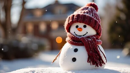 Smiling Snowman Wearing a Knitted Scarf and Beanie in a Winter Setting - Powered by Adobe