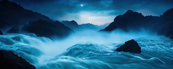 Fototapeta premium River rapids landscapes twilight concept. Mystical blue waters flowing among rocky mountains under a dramatic, cloud-filled sky.