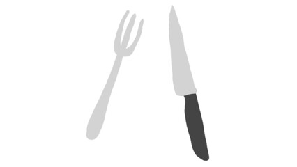 Simple grayscale illustration of a fork and knife. Minimalist design, perfect for menus, restaurants, or cooking-related projects.