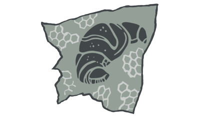 Stylized drawing of a croissant on a textured background with a honeycomb pattern.