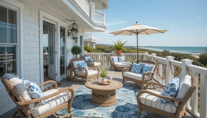 Obraz premium Inviting Coastal Patio with Ocean View and Comfortable Seating