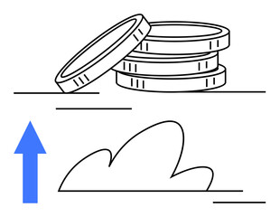 Coins stacked with upward blue arrow and cloud suggest economic success, progress, opportunities, and investment growth. Ideal for finance, savings, economy, business, investment strategy startup