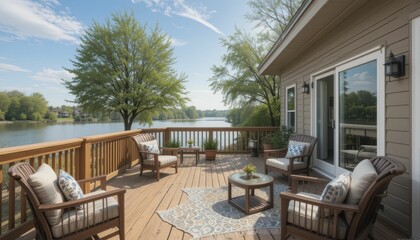 Fototapeta premium Serene Lakeside Deck with Comfortable Furniture and Scenic View