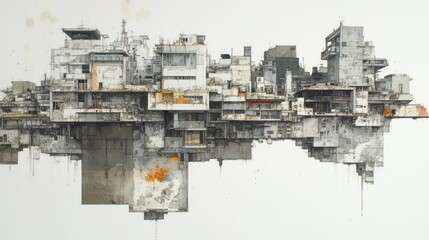 Abstract watercolor painting of a dense urban cityscape floating