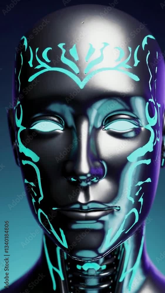 Poster futuristic neon robotic face with dynamic glow patterns in motion