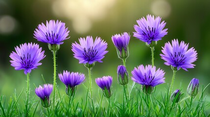 Fototapeta premium Vibrant Purple Wildflowers in a Sunlit Green Field