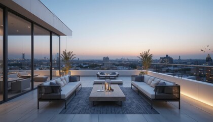 Fototapeta premium Modern Rooftop Terrace with Stylish Furniture and City Skyline View