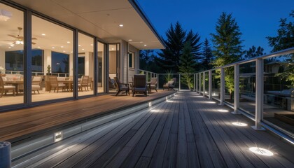 Obraz premium Modern Home Exterior with Wooden Deck and Ambient Lighting at Dusk