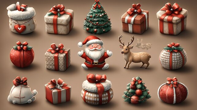 Christmas icons Santa, gifts, tree, reindeer.