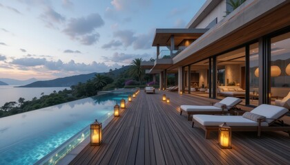 Fototapeta premium Luxurious Modern Villa with Infinity Pool Overlooking Scenic Views
