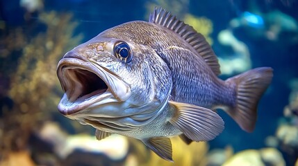 Close-up of a fish with its mouth open underwater.
